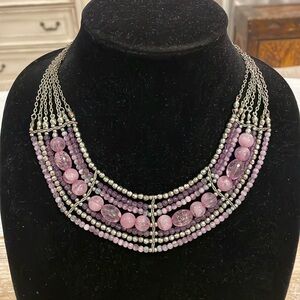 NY&Co New York Silver Tone Purple Beaded Bib Choker Collar Statement Necklace
